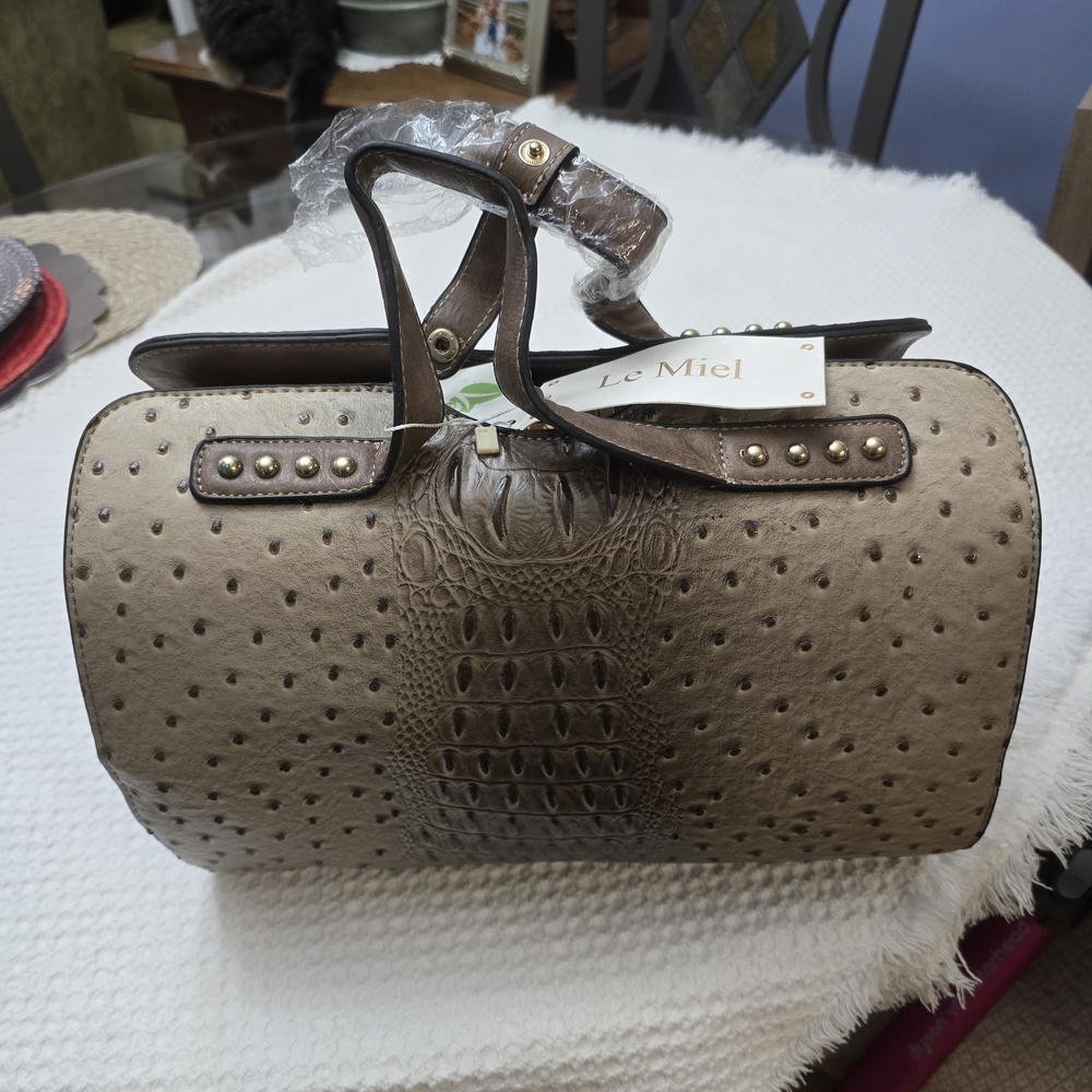 Le Miel Taupe Ostrich-Embossed Satchel